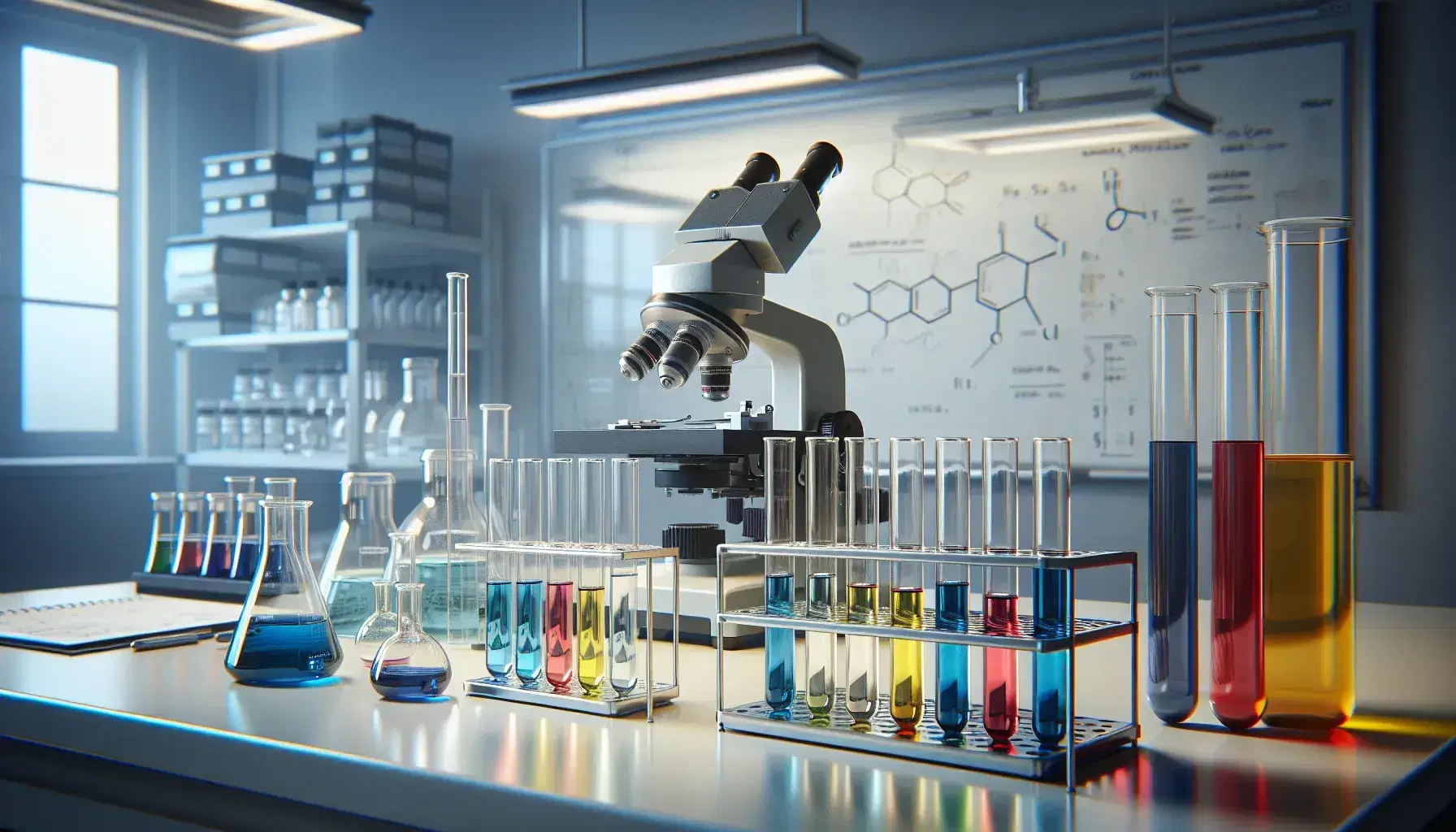 Laboratorio científico con tubos de ensayo de colores en soporte metálico y microscopio plateado, estantes con frascos de polvos químicos y pizarra con marcas.