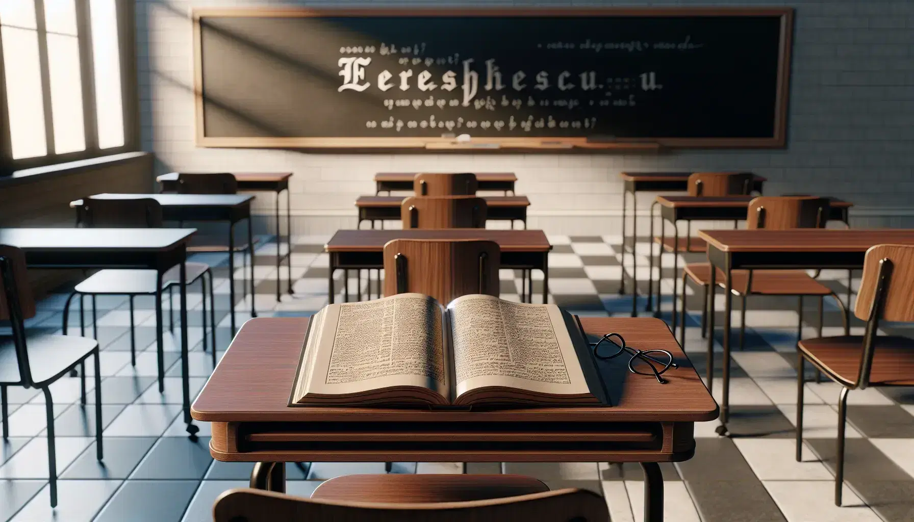 Serene French classroom with a teacher's desk, open textbook, round-lensed eyeglasses, and an unmarked chalkboard, with rows of empty desks and a view of a tree outside.