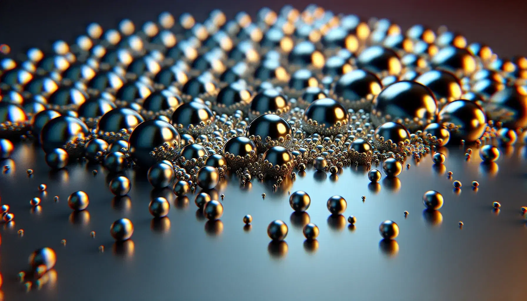 Metallic spherical nanoparticles on a reflective surface, with color variations from silver to golden and iridescent effects.