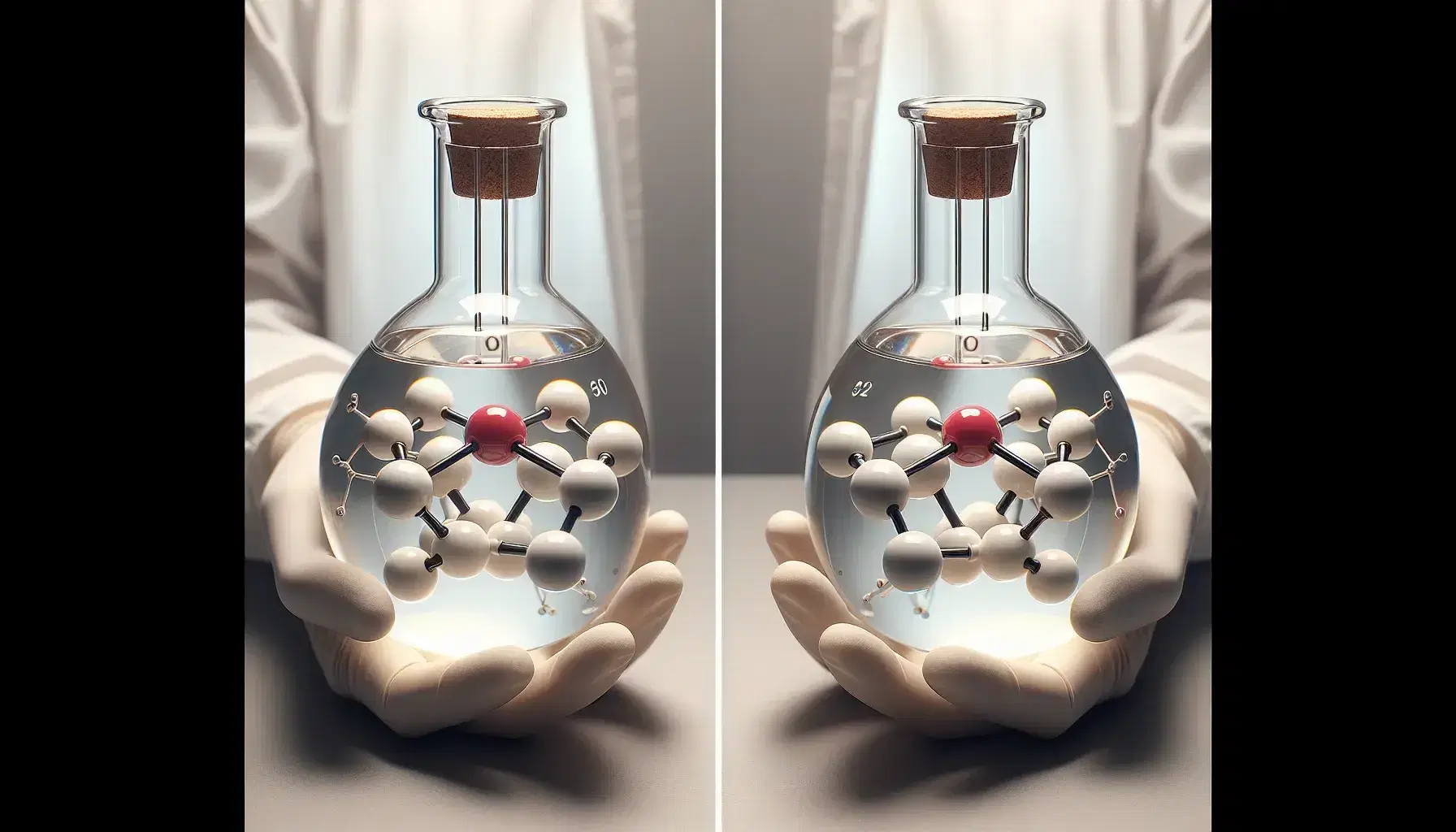 Hands in protective gloves hold two glass flasks with colorless liquid and mirrored molecular models, one with white and red spheres.