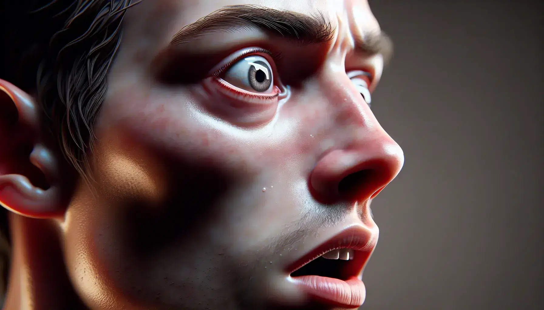 Close-up of a human face in profile with a surprised expression, wide eyes, raised eyebrows, dilated nostrils and open mouth.