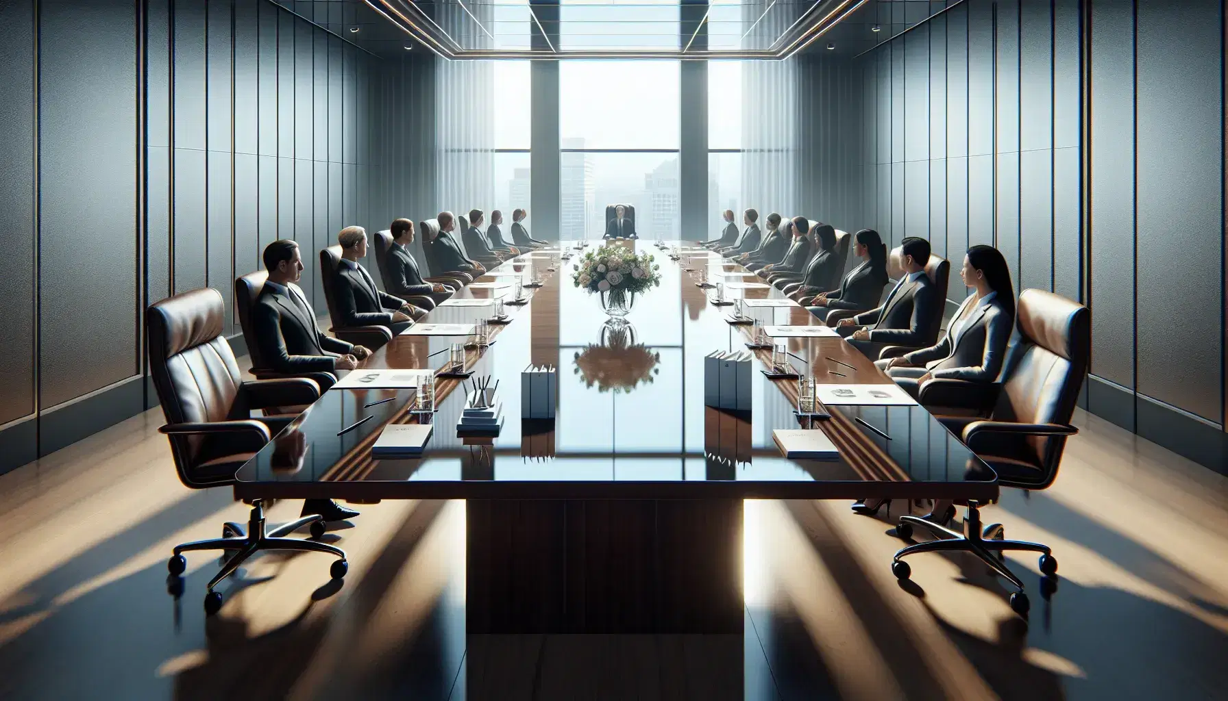 Boardroom with large oval table, high-backed chairs, diverse professionals, fresh flowers, papers, pens, tablet, and city skyline view through windows.