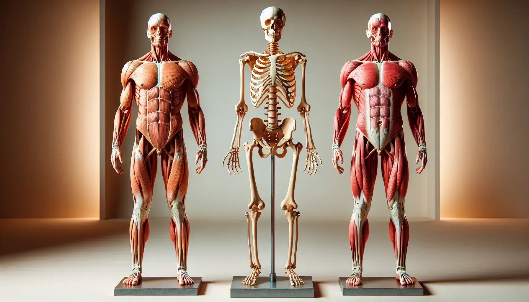 Esqueleto humano completo de pie con base metálica, flanqueado por figuras musculares masculina y femenina, mostrando detalladamente la musculatura en tonos rojos y rosas sobre fondo claro.