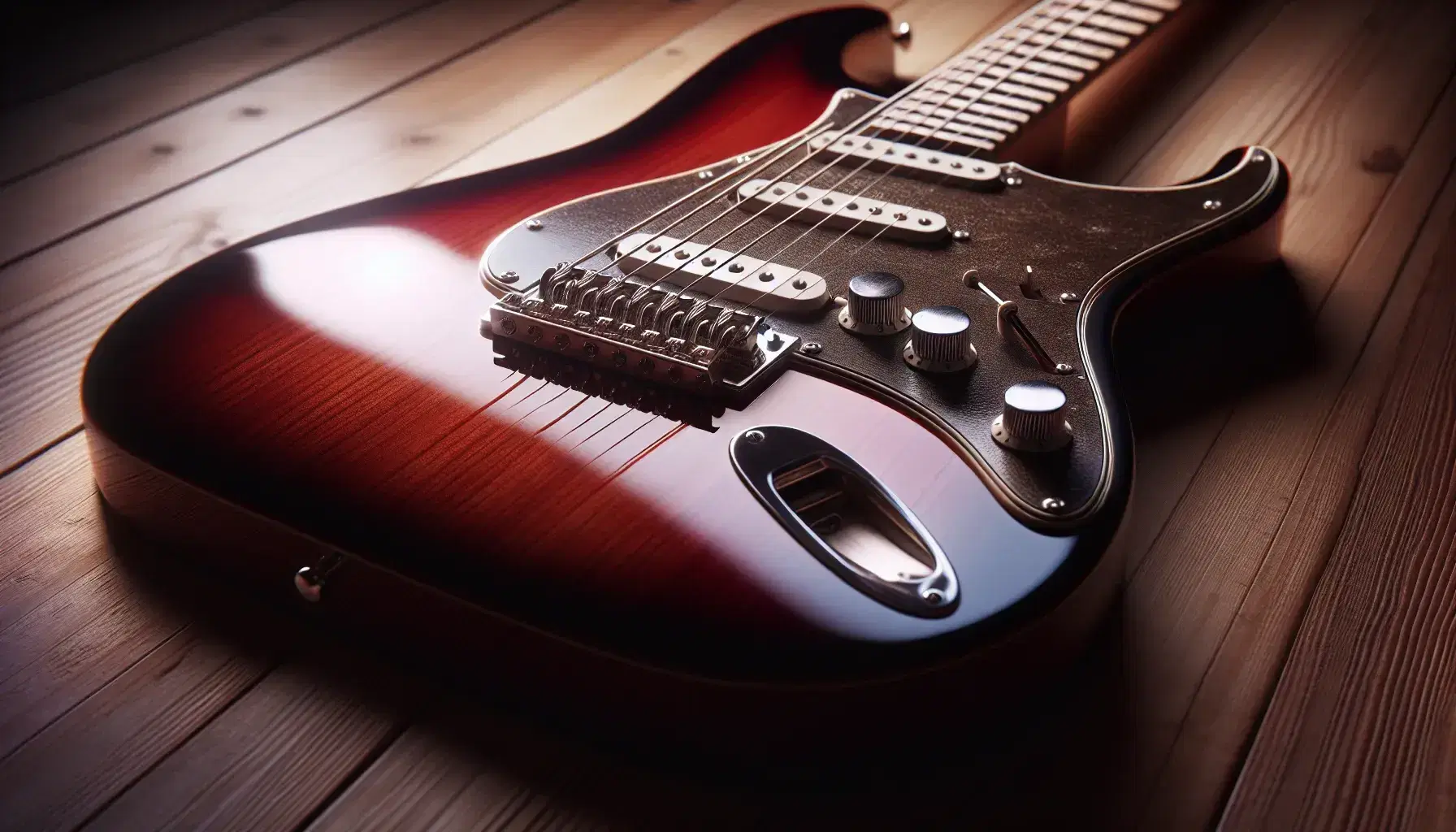 Vintage electric guitar in glossy cherry red with pearly white pickguard and magnetic pickups on wooden surface.