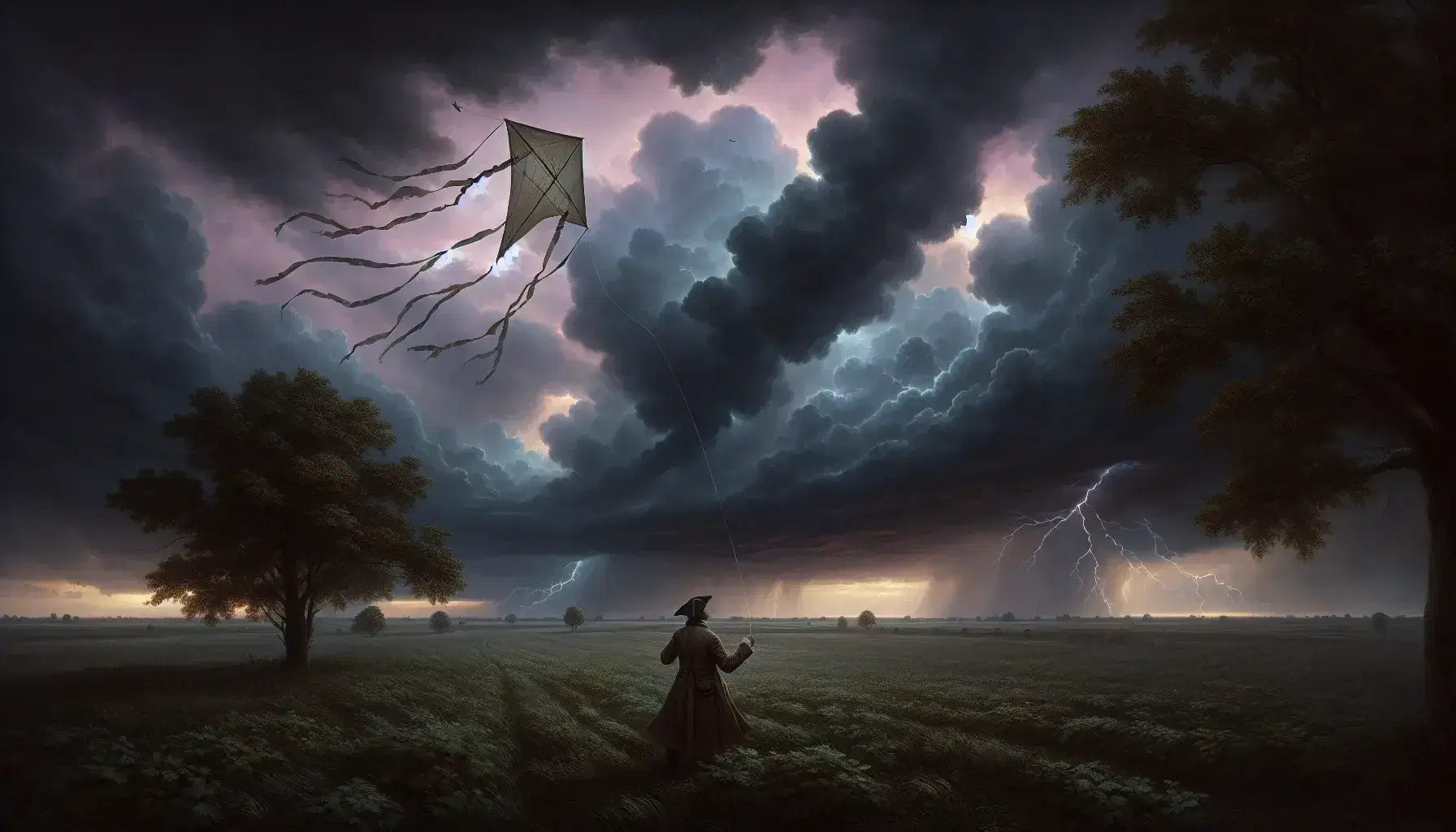 18th-century man flying a diamond-shaped kite in a stormy field at dusk, with dark clouds and faint lightning in the background.