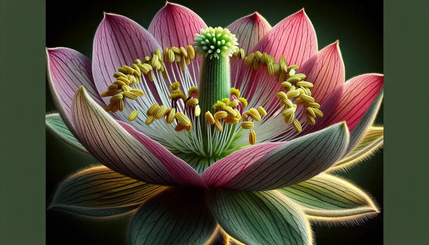 Flor en plena floración con pétalos rosados, pistilo verde-amarillo, estambres con polen y sépalos verdes en fondo desenfocado natural.