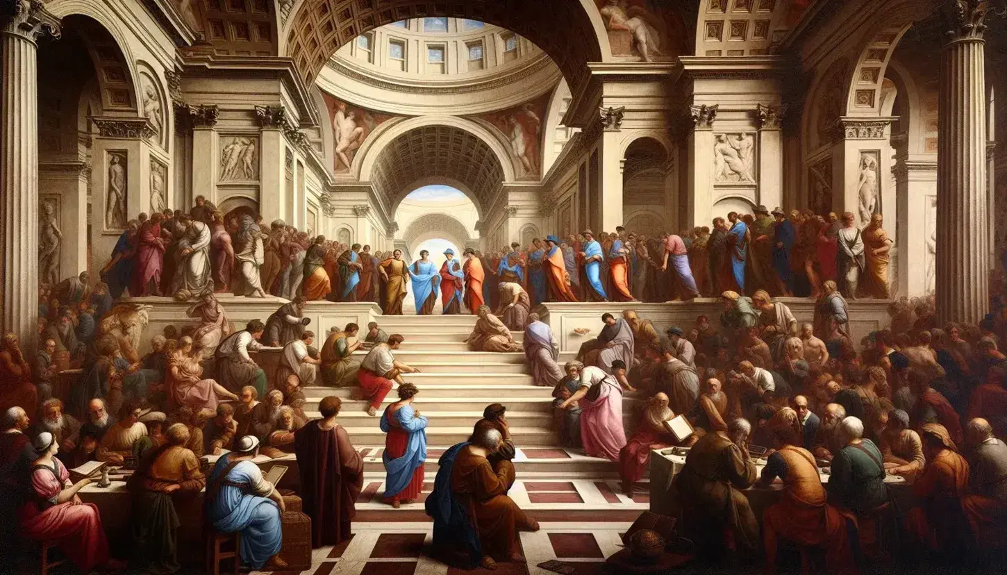 Raffigurazione ad alta risoluzione de 'La Scuola di Atene' di Raffaello, con filosofi antichi in dialogo in un'architettura classica.