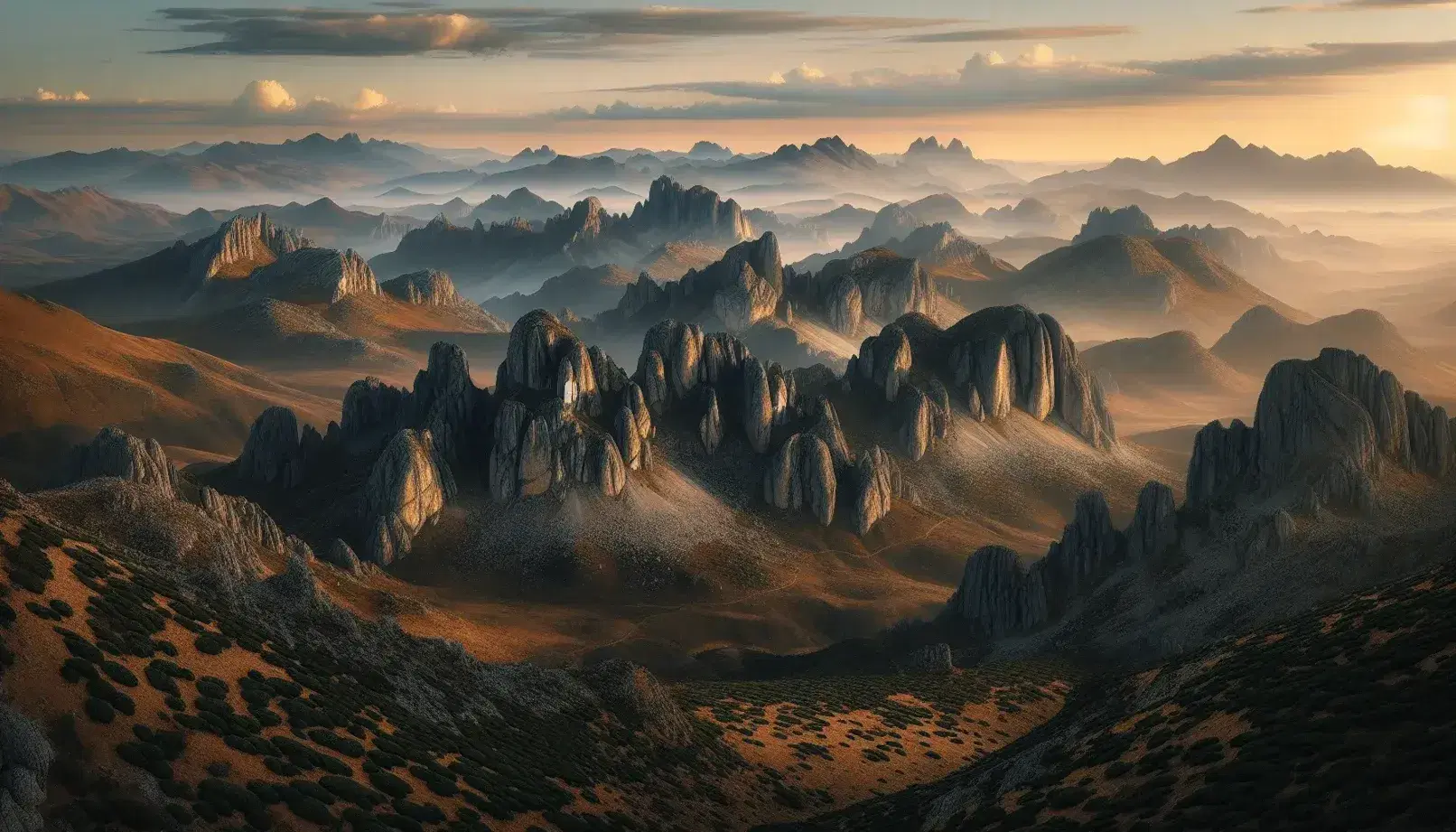 Vista panorámica de montañas españolas al atardecer con formaciones rocosas en primer plano y picos difuminados en la distancia bajo un cielo claro con nubes dispersas.