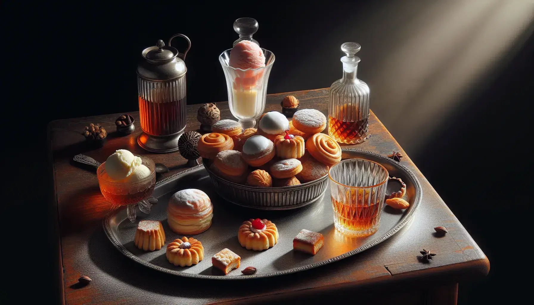 Mesa de madera oscura con bandeja de pastelería variada, copa de helado con bola rosa y vaso con bebida ámbar, utensilios de cocina al fondo.