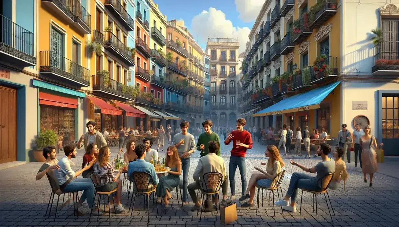Vibrant street scene in a Spanish city with animated youths conversing, colorful buildings with balconies, a cobblestone street, and a café with a blue awning.