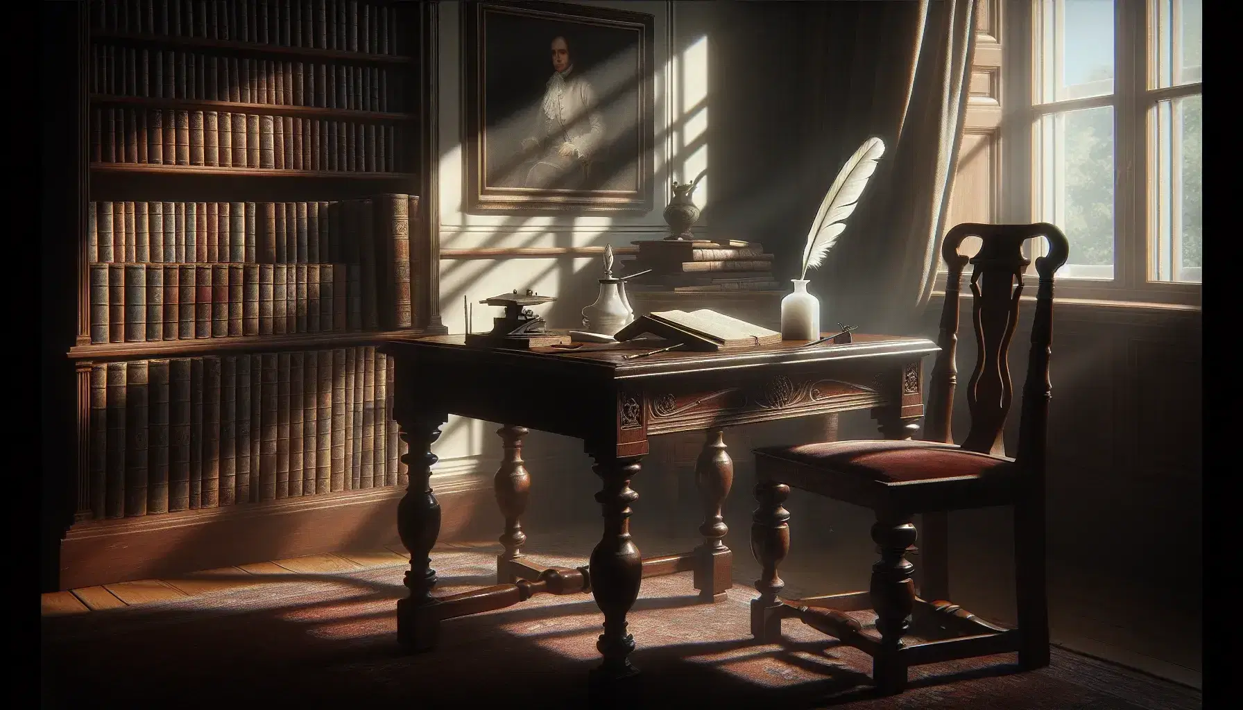 Escena de habitación del siglo XIX con mesa de madera oscura, pluma y tintero de porcelana, silla con terciopelo rojo, estantería con libros y retrato al óleo.