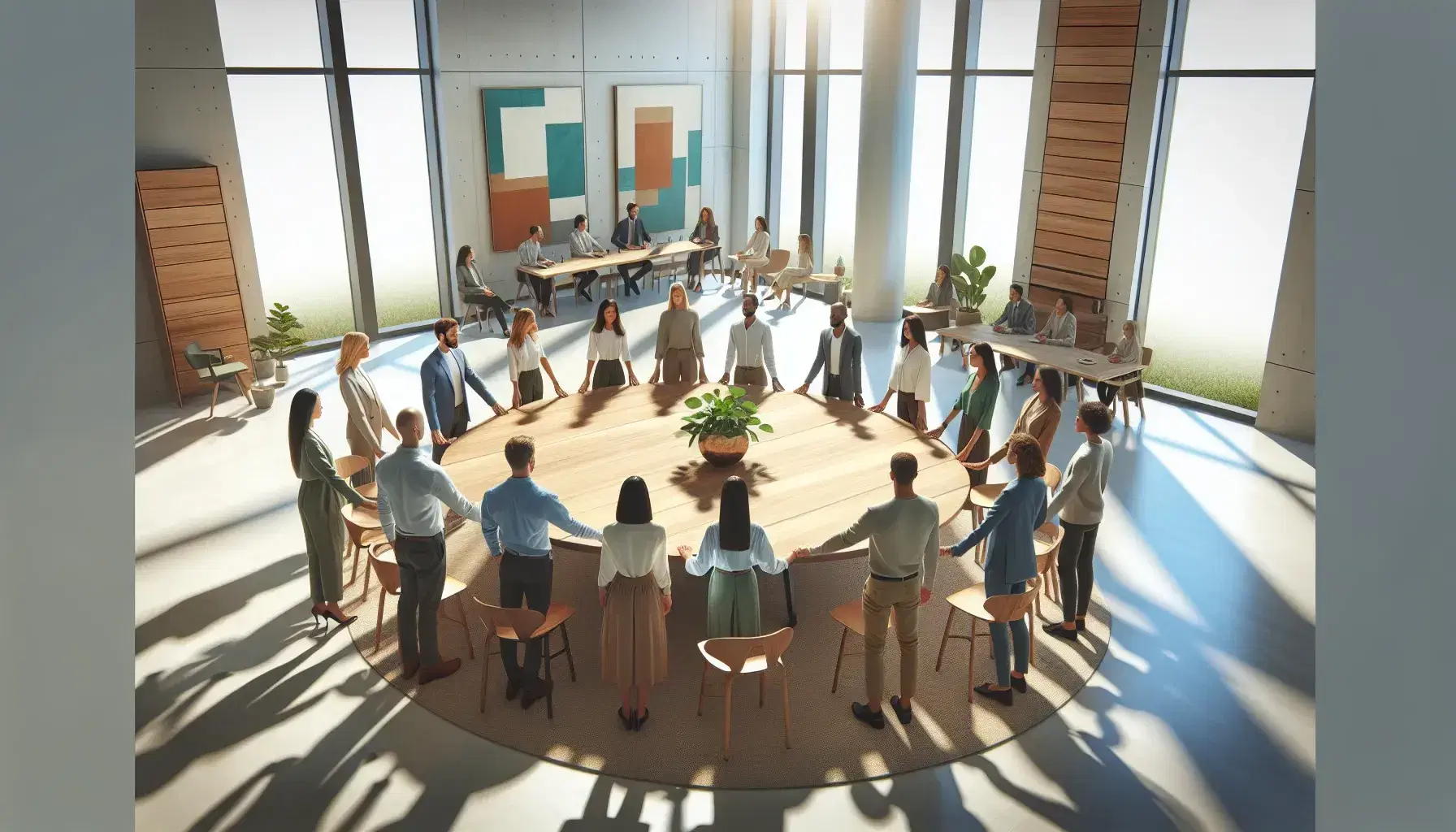 Diverse team of professionals standing in unity around a round table in a modern office with large windows and abstract art.