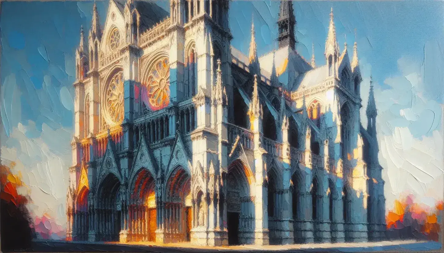 Dipinto ad olio che ritrae la facciata di una cattedrale gotica illuminata dal sole, con dettagli architettonici evidenziati da sfumature calde e ombre fredde.