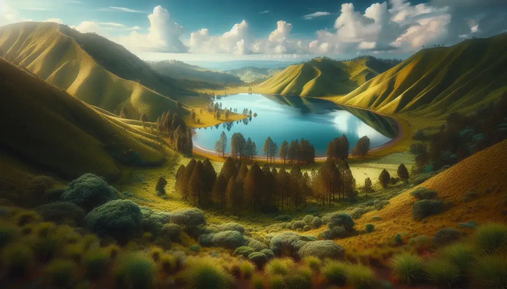 Lago vulcanico circondato da colline verdi con riflessi del cielo azzurro e nuvole bianche, vegetazione lussureggiante e tranquillità.