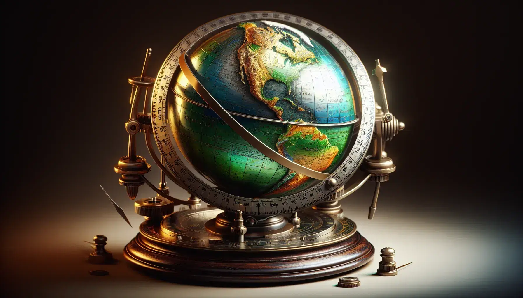 Mappamondo lucido con continenti in verde e marrone e oceani in blu su base in legno scuro, accanto ad astrolabe in metallo e bussola in ottone.