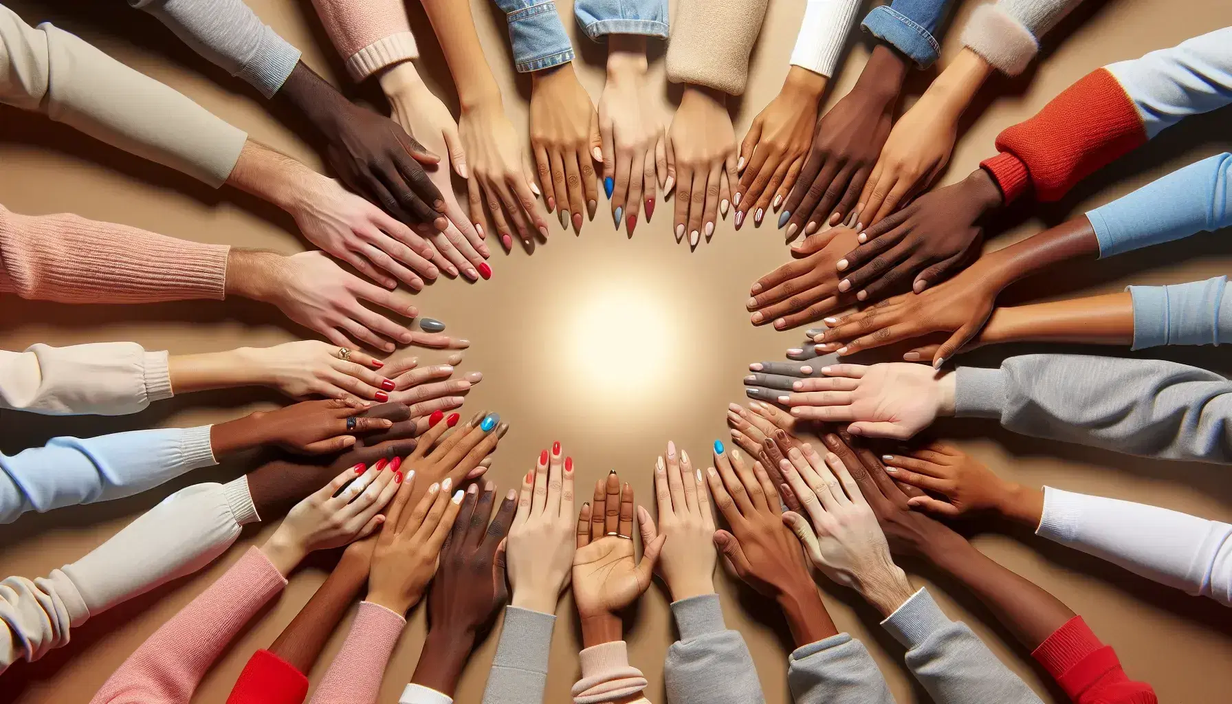 Manos de diversas etnias unidas formando un círculo visto desde arriba, simbolizando unidad y cooperación, sin joyas ni símbolos identificativos.