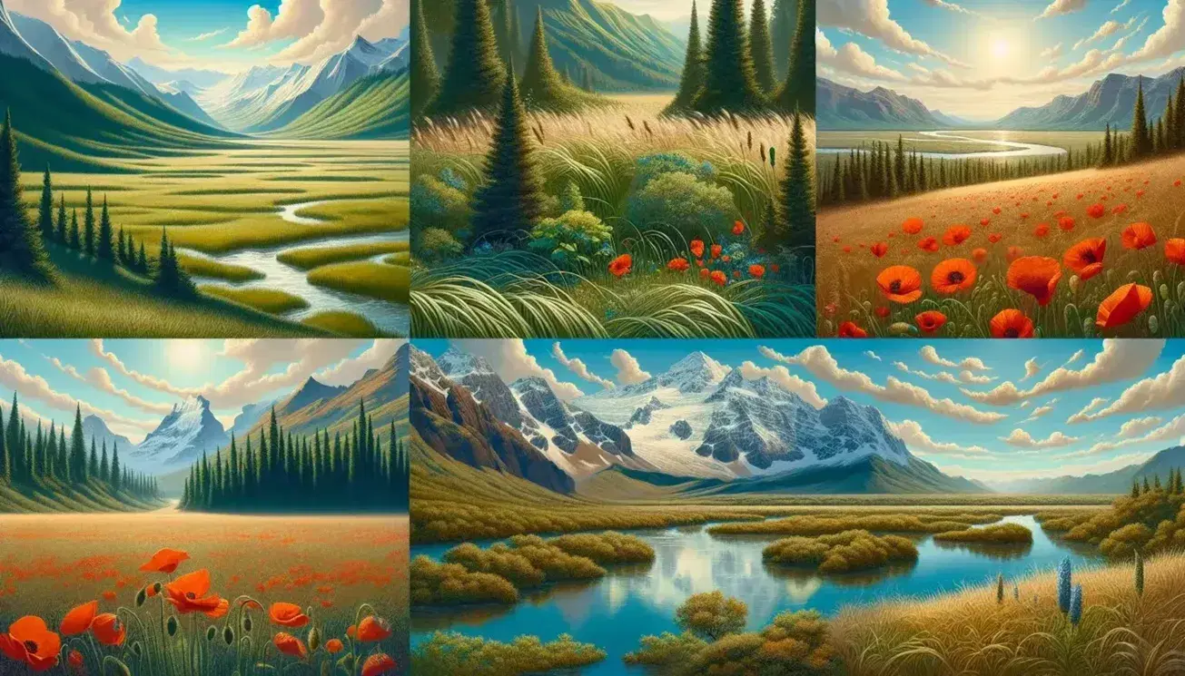 Vista panoramica di un paesaggio naturale con prateria, papaveri rossi, fiume serpeggiante, montagne innevate e cielo azzurro.