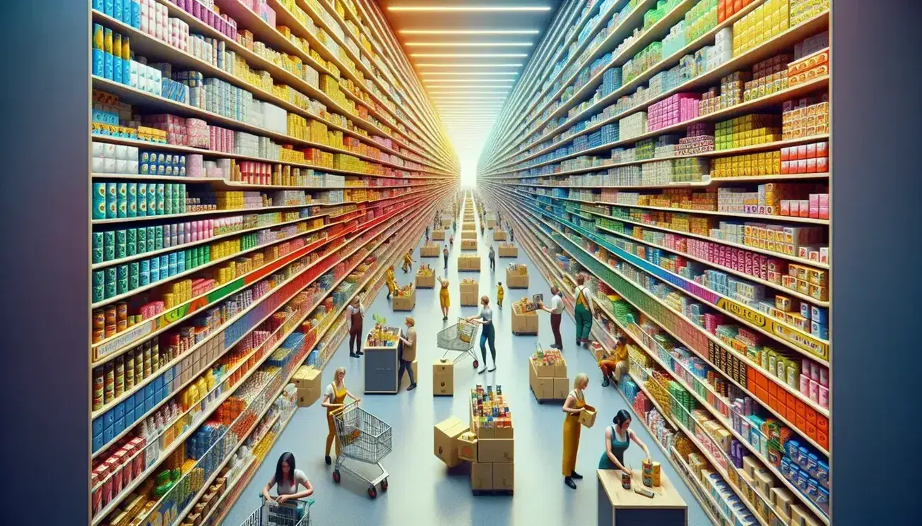 Supermercato moderno con scaffali colorati pieni di prodotti, clienti che fanno la spesa e un addetto che rifornisce le merci.