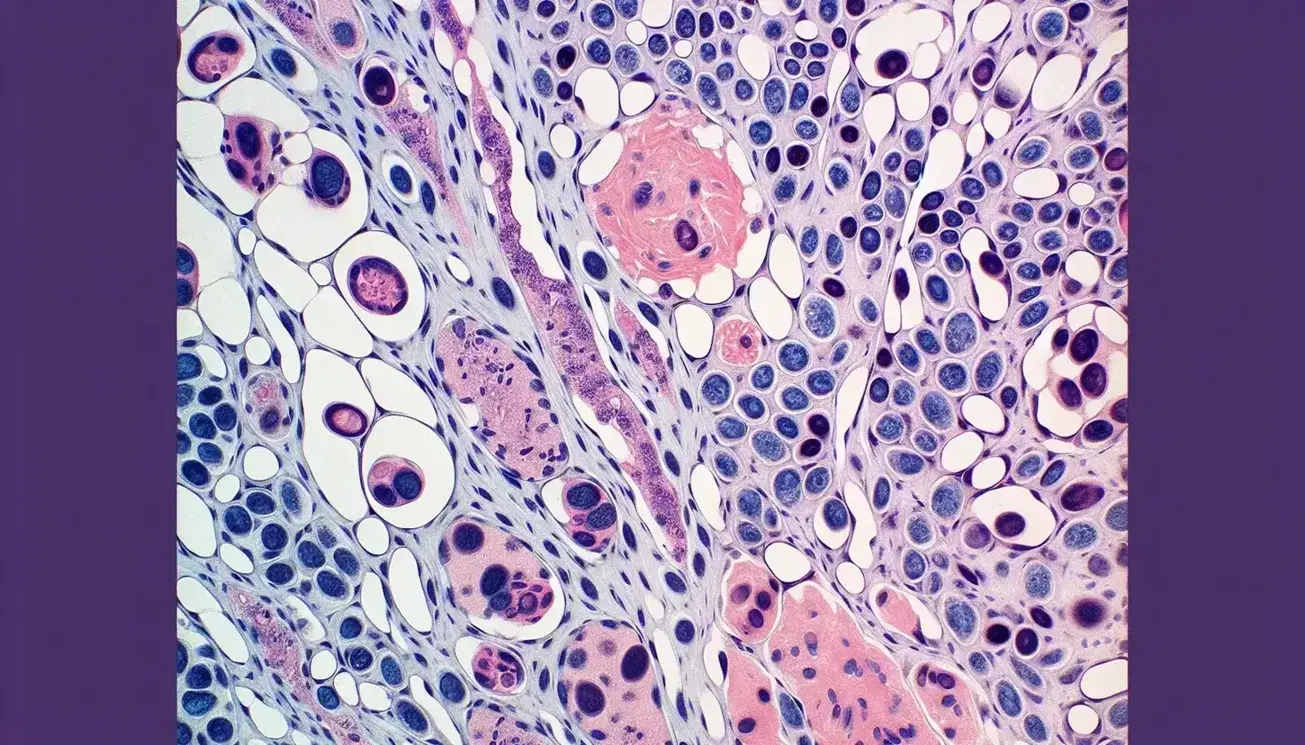 Vista microscópica de tejido de médula ósea humana teñida, mostrando células con núcleos oscuros y citoplasma claro en tonos rosas, púrpuras y azules.
