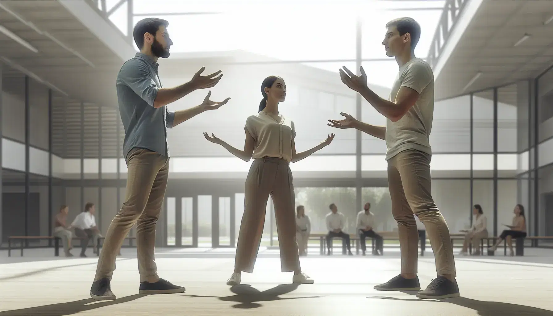 Tres profesionales conversando activamente en un espacio iluminado, con gestos que indican intercambio de ideas y atención.