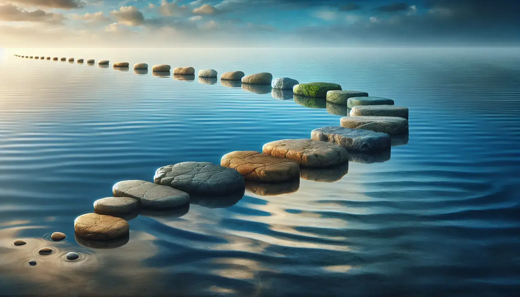 Path of colorful milestones representing stages of life in arch over calm water with sky reflection, growth and transition.