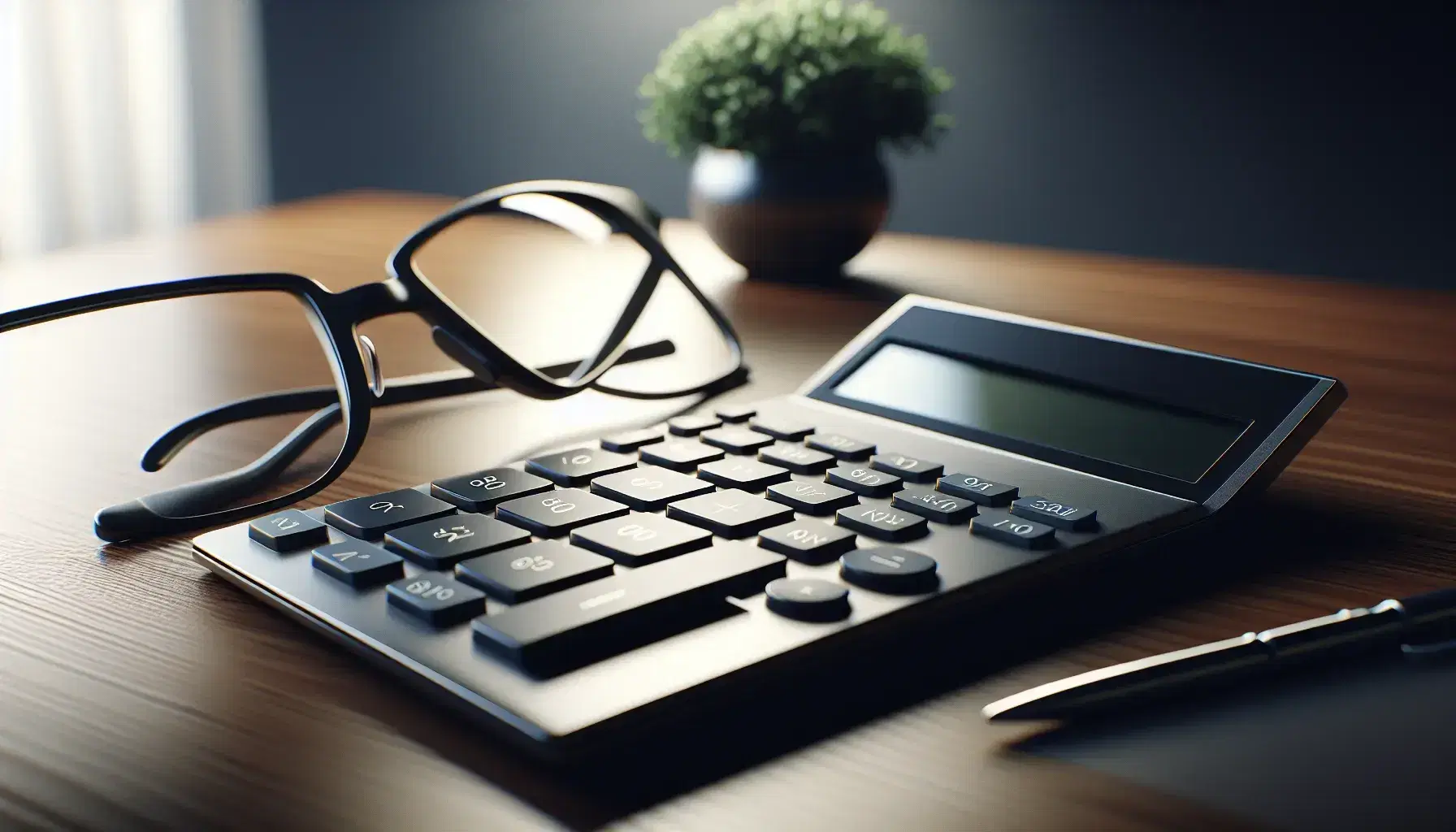 Modern calculator with large display and mixed button design on a wooden desk, next to casually placed black-framed eyeglasses and a potted green plant in the background.