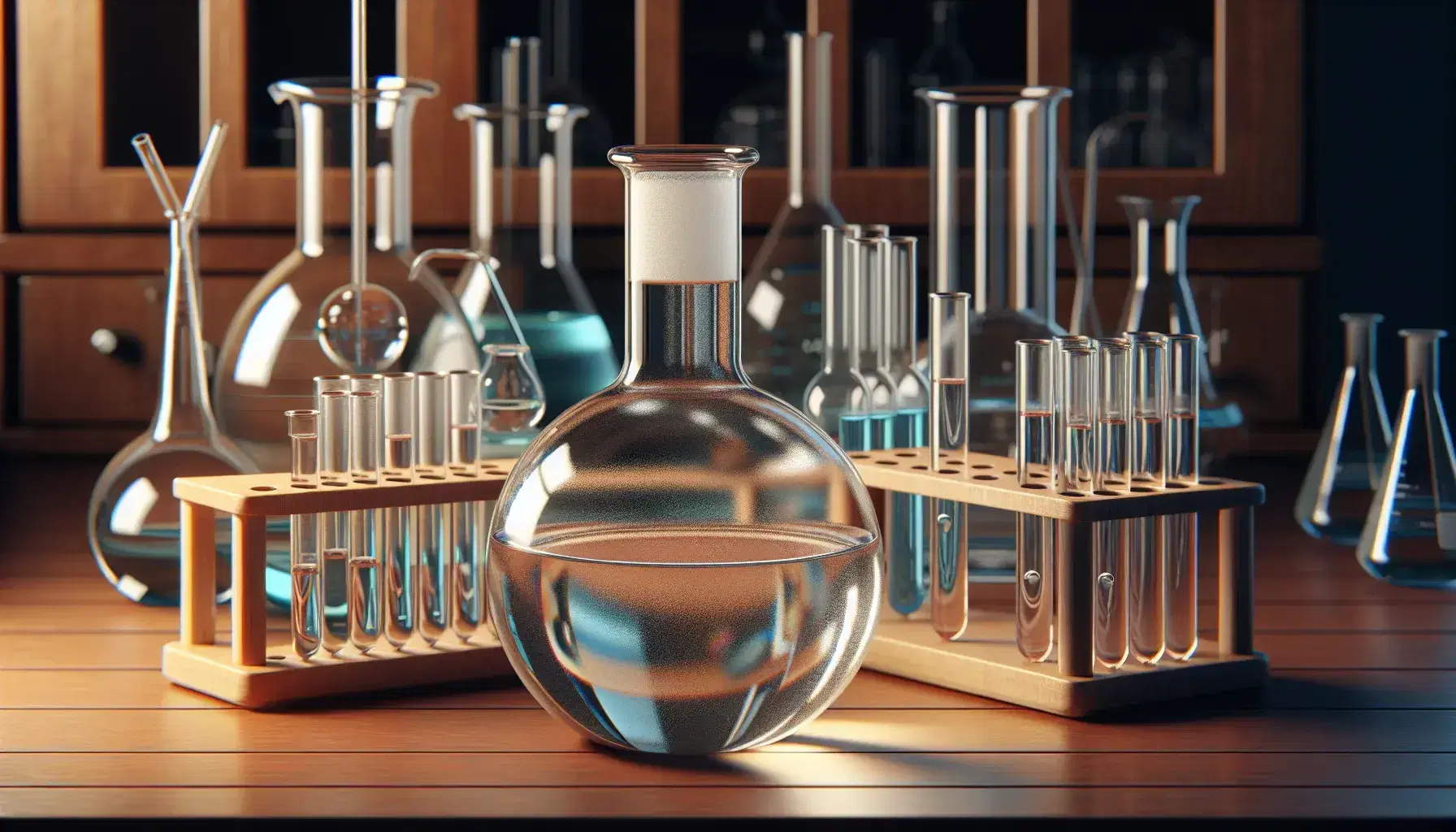 Glass flask with colorless liquid on wooden laboratory bench, colorful test tubes in rack and assorted glassware on background.