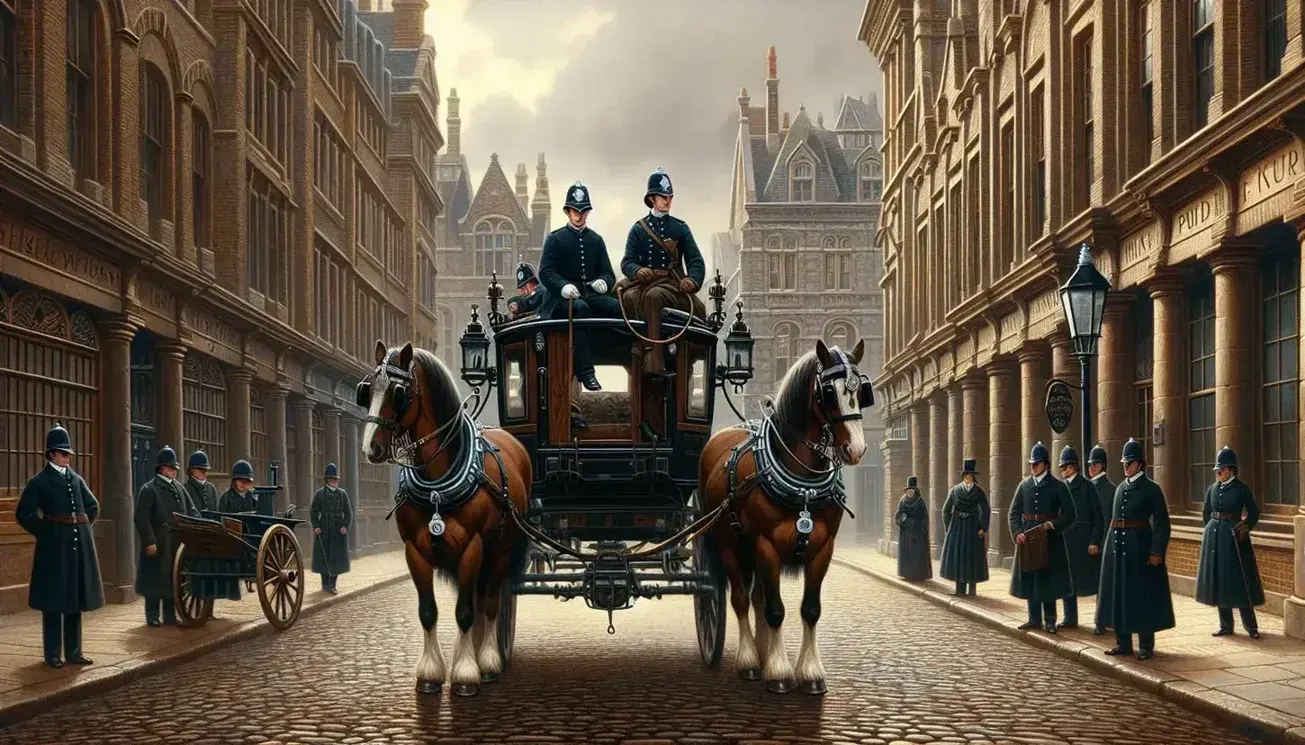 Victorian London street scene with a horse-drawn police carriage, chestnut horses, uniformed officers, cobblestone streets, and period-dressed pedestrians.
