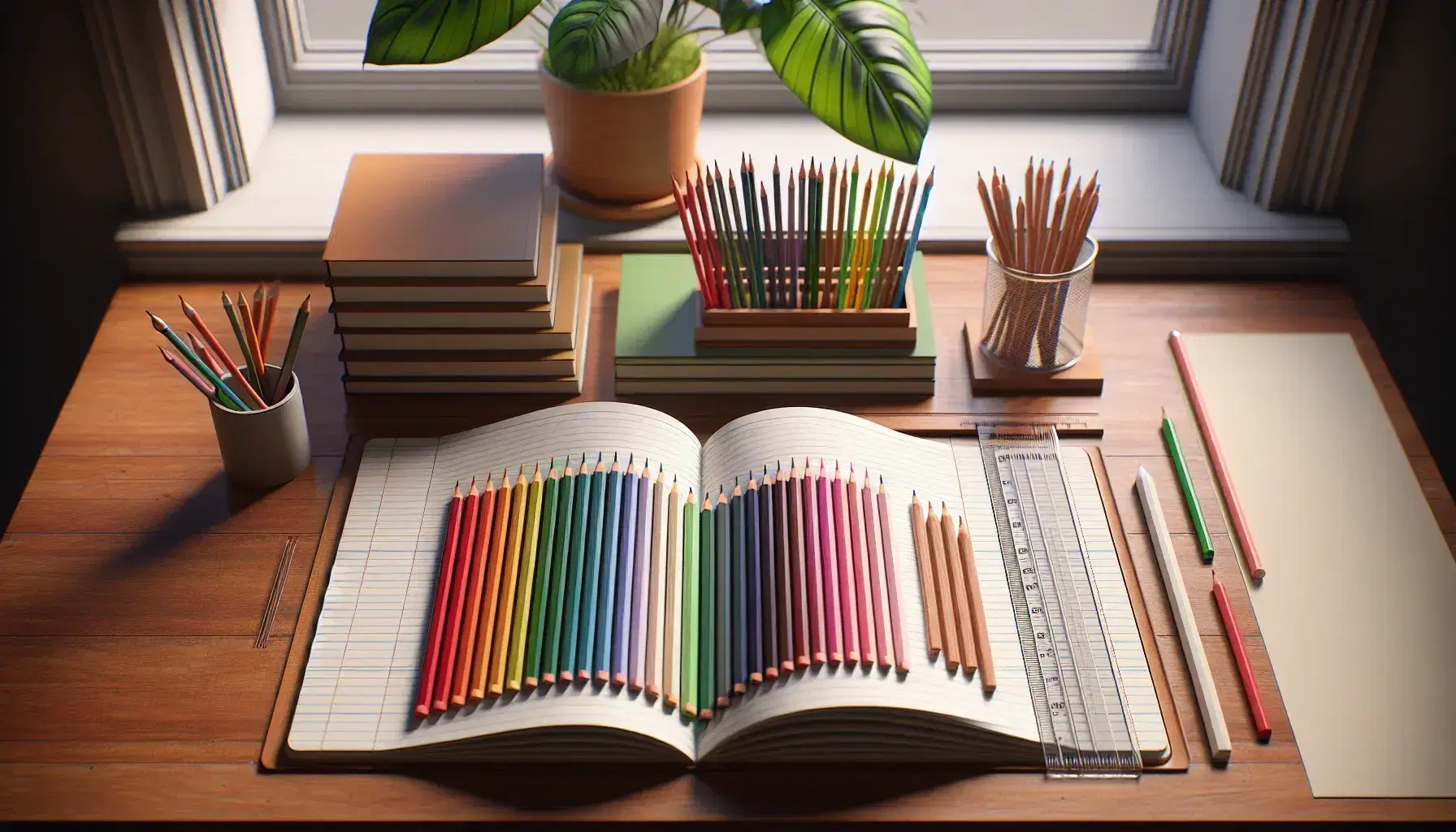 Tidy desk in classroom with open notebook, aligned colored pencils and transparent ruler, plant on windowsill in natural light.