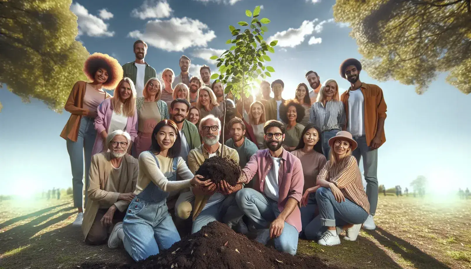 Grupo diverso sosteniendo planta joven con tierra en sus raíces en un parque soleado, simbolizando unidad y cuidado ambiental.