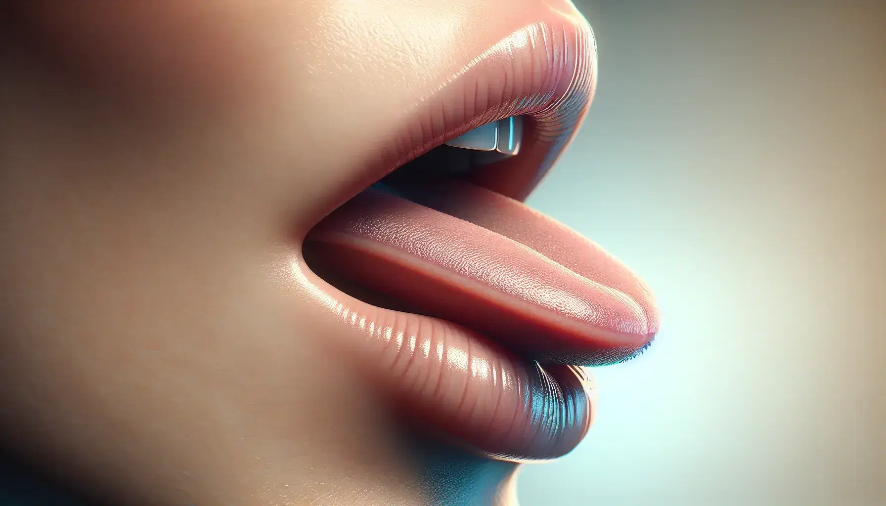 Close-up view of a human mouth with lips slightly parted and tongue curled back in retroflex consonant pronunciation against a soft blue to cream gradient.