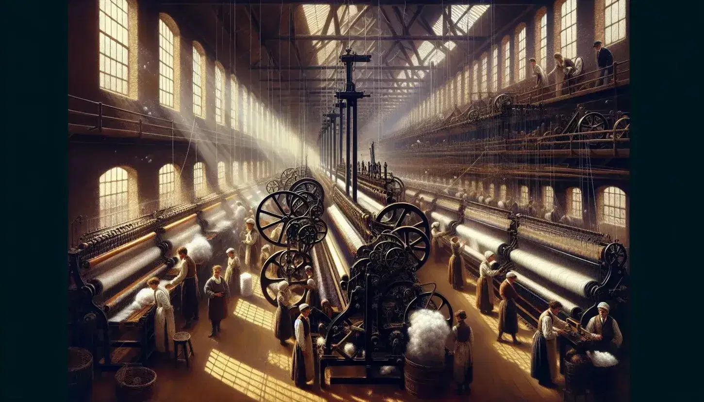Scena di una fabbrica tessile durante la Rivoluzione Industriale con operai al lavoro tra filati di cotone e telai meccanici illuminati da luce naturale.