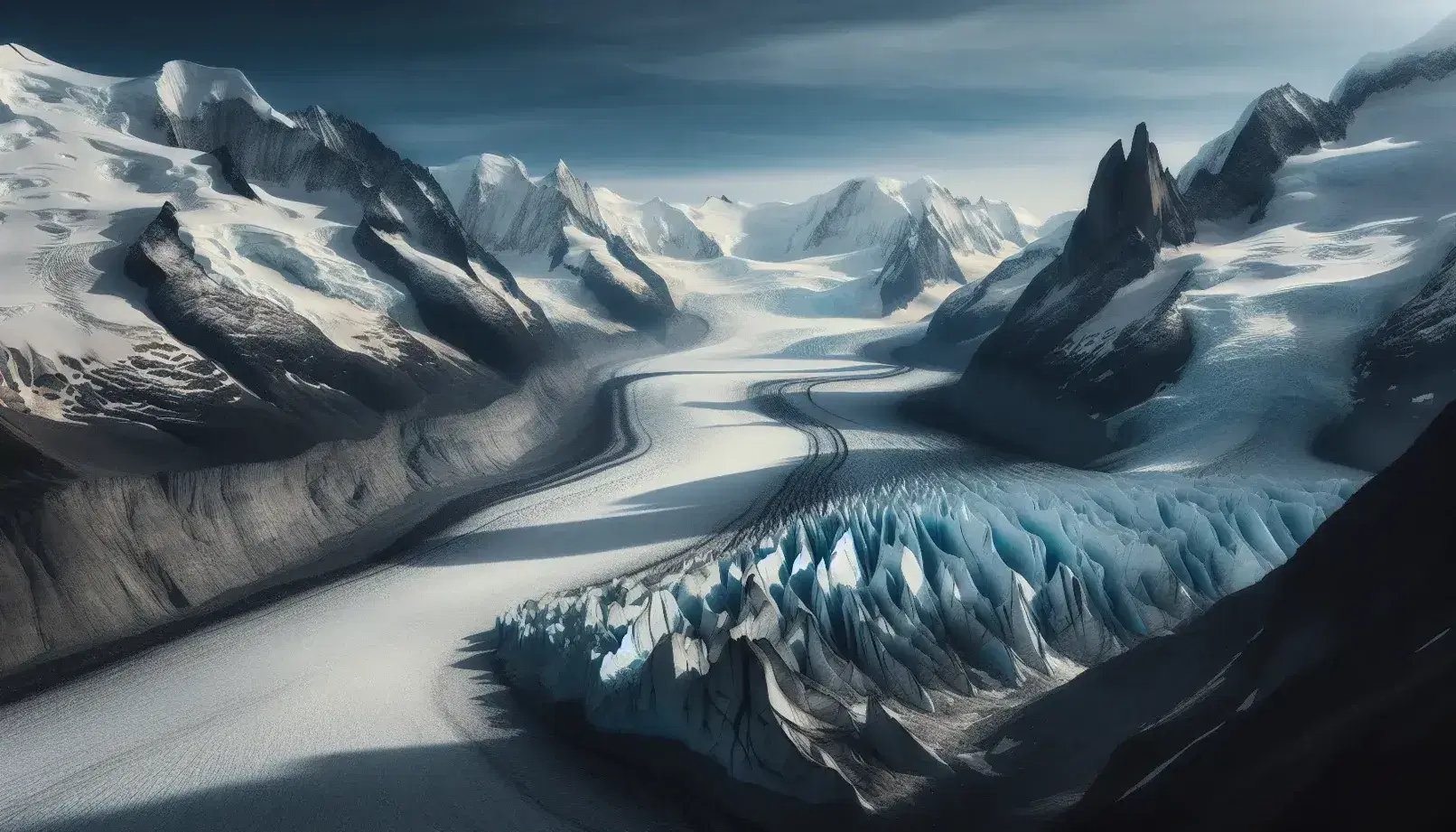 Paesaggio glaciale con crepacci e seracchi, rocce erose in primo piano e montagne innevate sullo sfondo sotto un cielo azzurro.