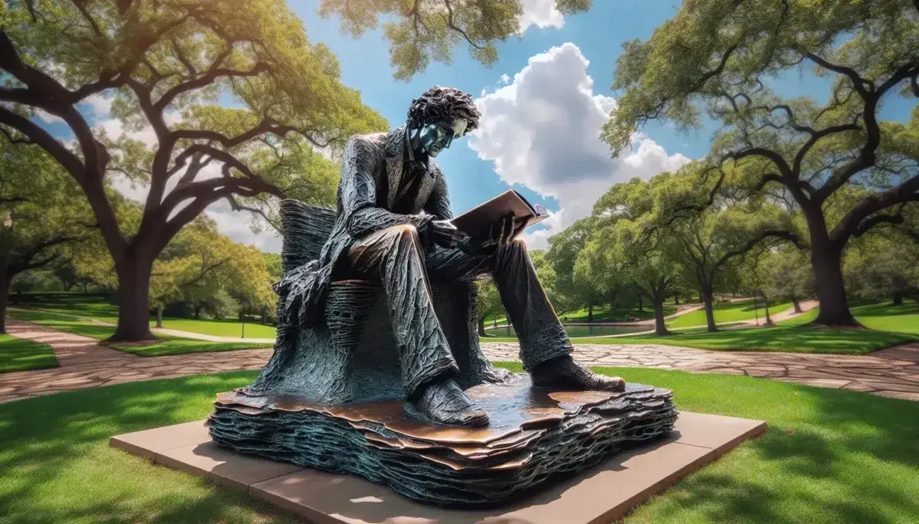 Statua in bronzo di poeta pensieroso seduto su panchina con libro aperto in paesaggio naturale, sotto alberi e cielo azzurro.