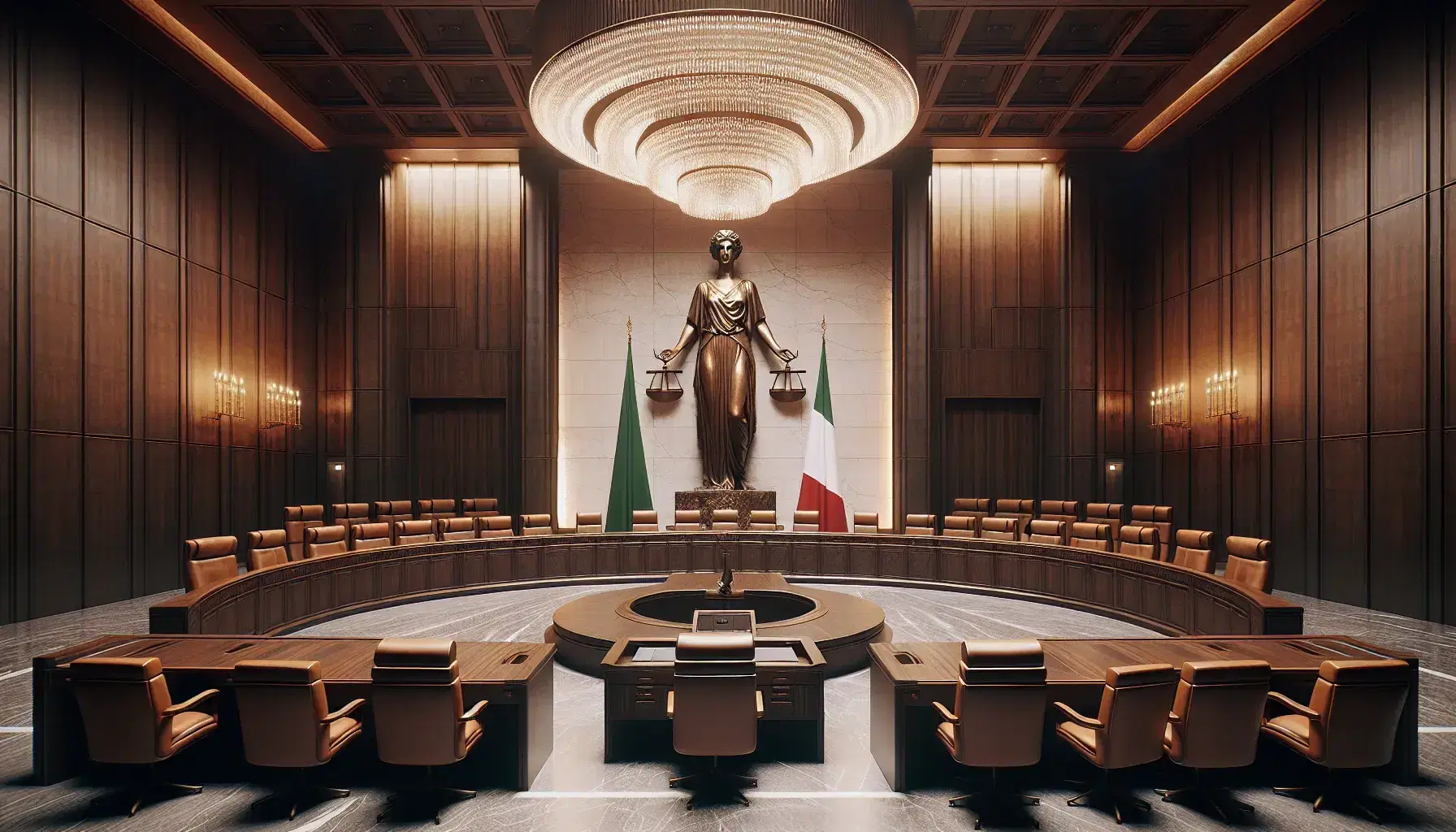 Sala vuota della Corte Costituzionale con scrivania semicircolare, sedie in pelle, statua della giustizia, bandiere italiane e lampadario di cristallo.