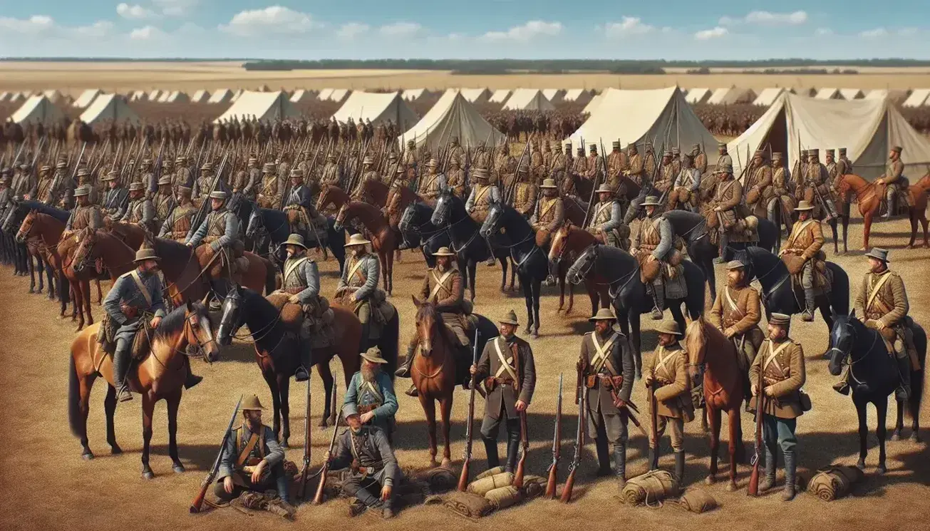 Grupo de hombres con uniformes de época montando caballos y portando rifles antiguos en un campo abierto con tiendas de campaña militares de fondo bajo un cielo azul claro.