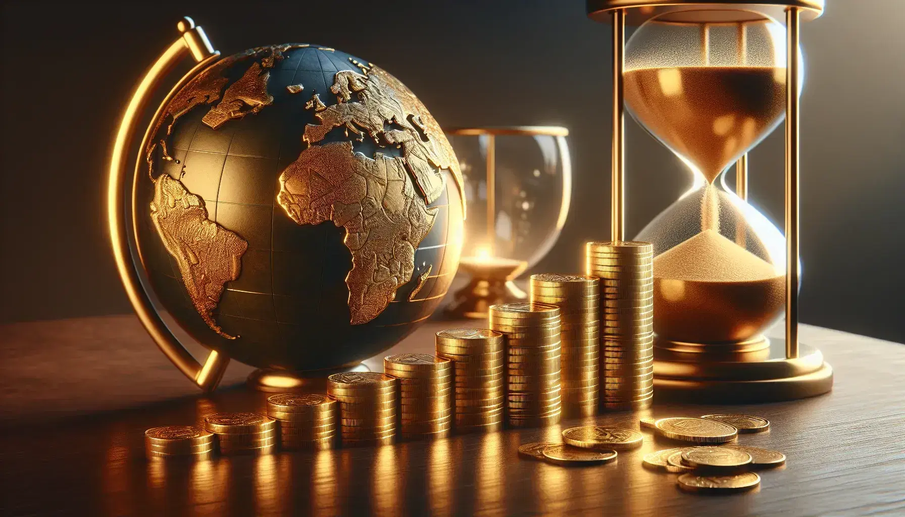 Monedas de oro apiladas en gráfico de barras ascendente sobre superficie de madera oscura, junto a un globo terráqueo detallado y un reloj de arena con arena dorada.