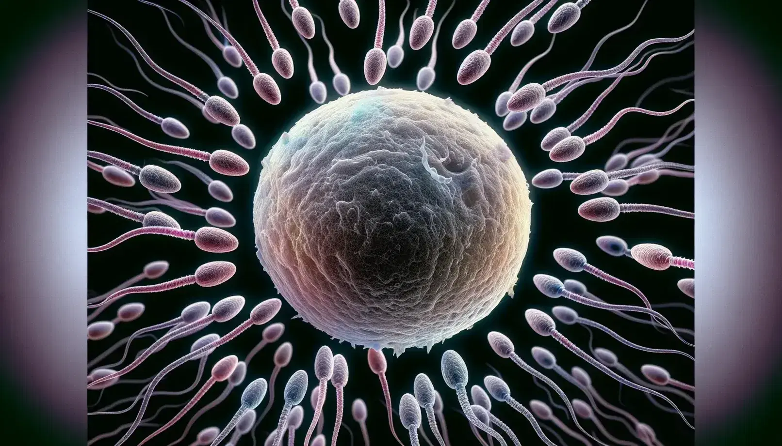 Microfotografia a colori di un ovulo umano circondato da spermatozoi, con evidenza della zona pellucida e dettagli cellulari accentuati da colorazione.