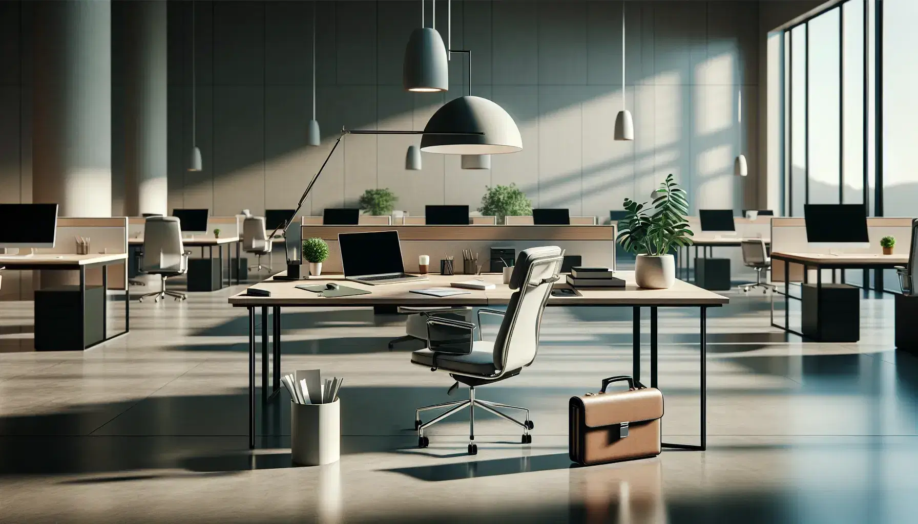 Ufficio moderno luminoso con scrivanie, laptop aperto, pianta verde, sedia ergonomica vuota e valigetta marrone, atmosfera tranquilla.