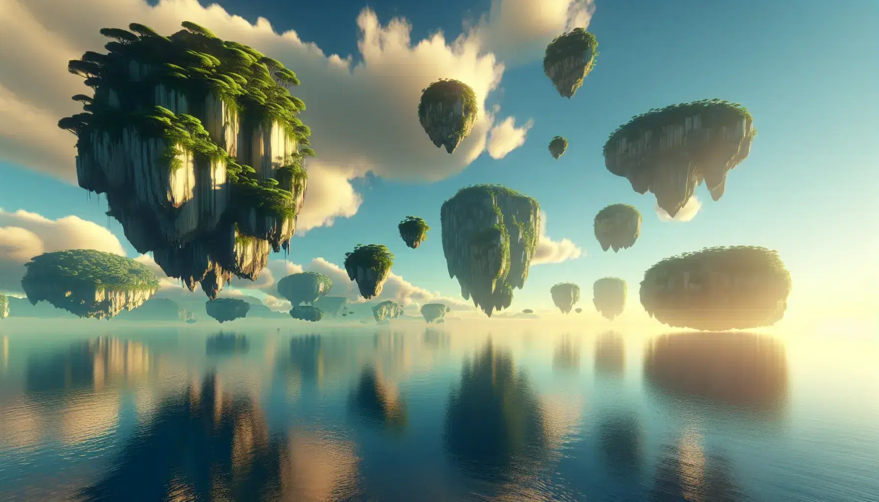Serene landscape with floating islands, lush greenery and rocks, reflected in a calm ocean under a blue sky and golden sun.