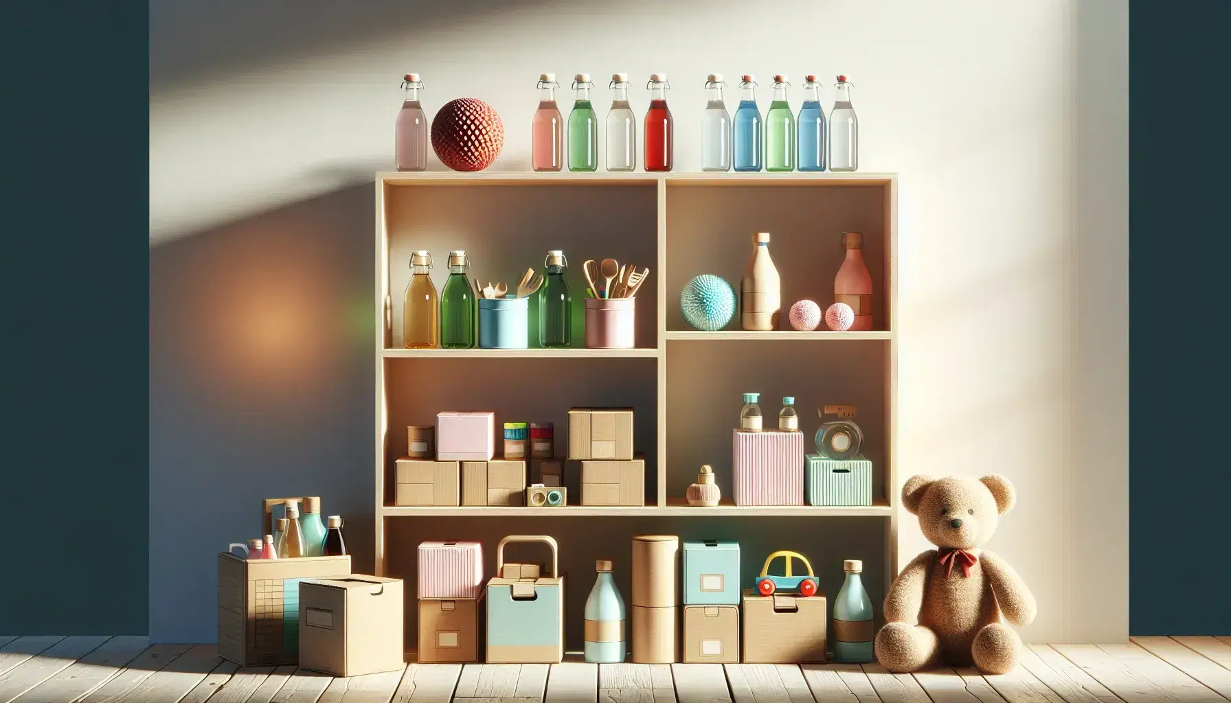 Estante de madera claro con botellas de vidrio de colores, cajas de cartón decorativas y juguetes infantiles, iluminado suavemente contra una pared blanca.