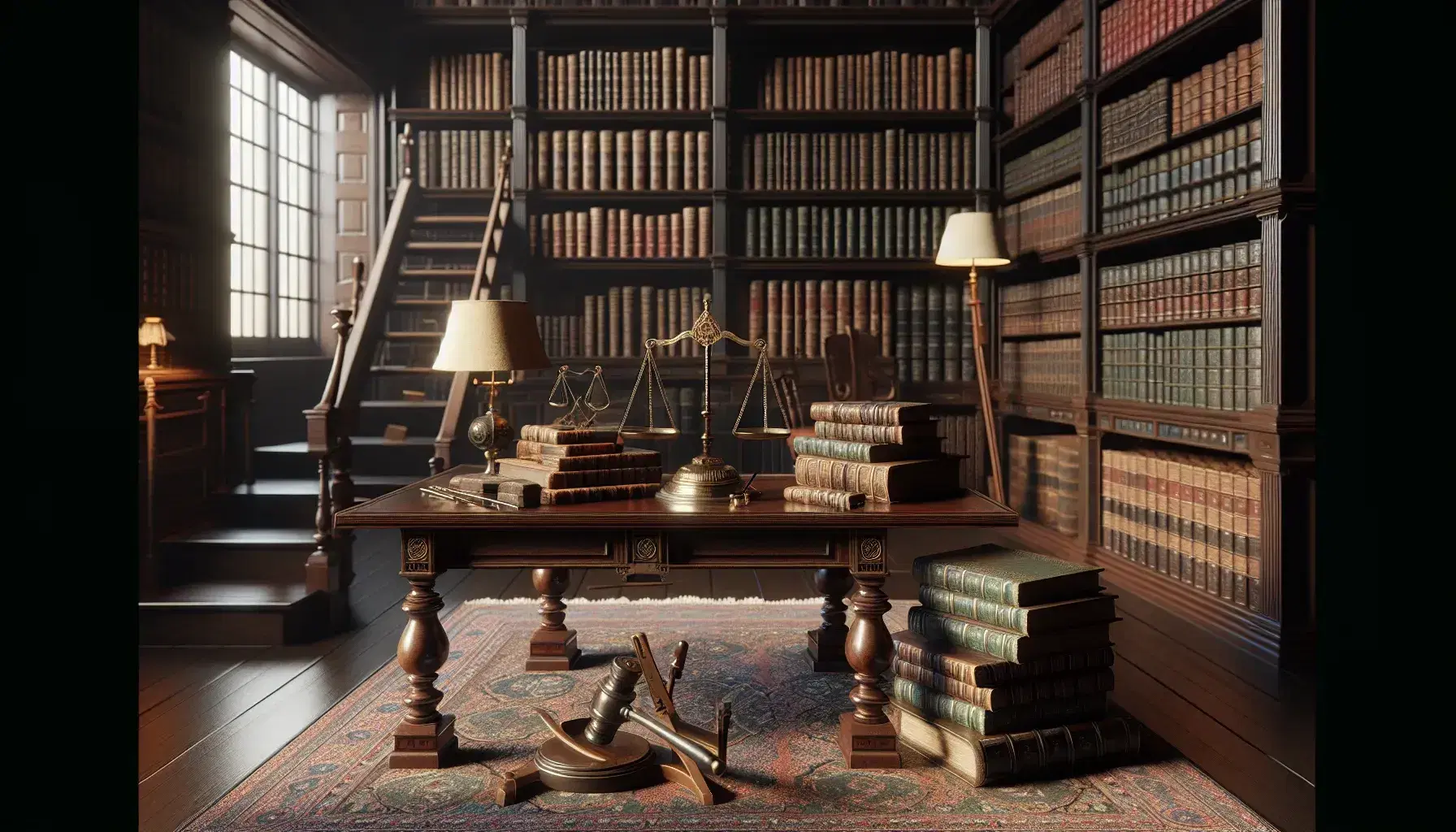 Biblioteca clásica con estanterías de madera oscura llenas de libros encuadernados en cuero, mesa antigua con balanza de justicia, martillo y gafas, iluminada por luz natural.