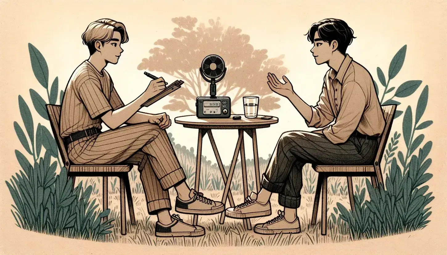 Dos personas conversando al aire libre en un parque, una tomando notas y la otra gesticulando, con una grabadora digital y bebidas sobre la mesa.