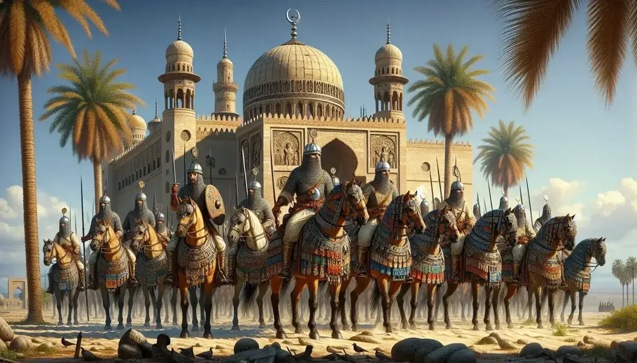 Mamluk soldiers on horseback in chainmail armor with round shields and curved swords, near a grand dome-topped stone structure with a tall minaret.