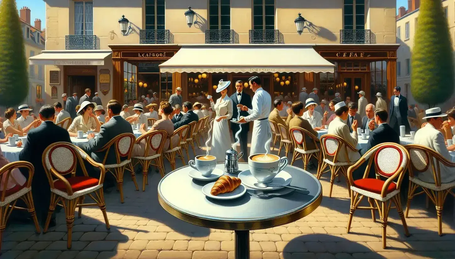 Bustling French café scene with patrons chatting, a waiter serving drinks, and a table in the foreground with coffee and a croissant on a sunny day.