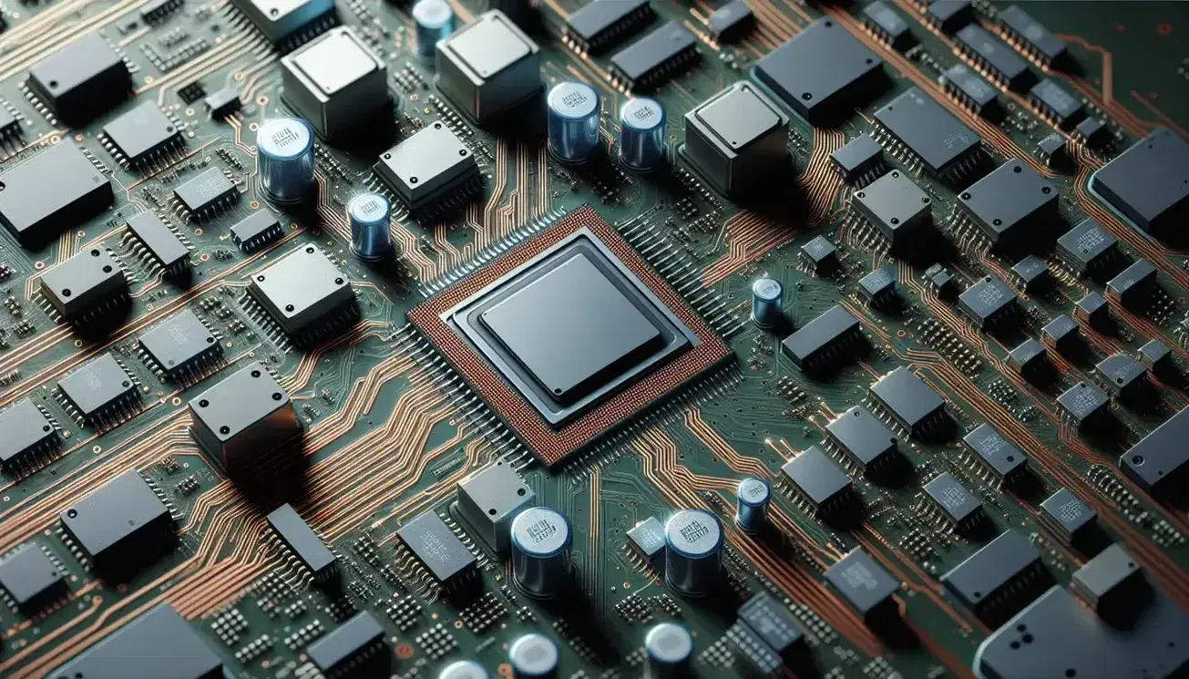 Placa base de ordenador con circuitos integrados y microchips metálicos en tonos plata y oro, procesador central cuadrado y capacitores cilíndricos azules.