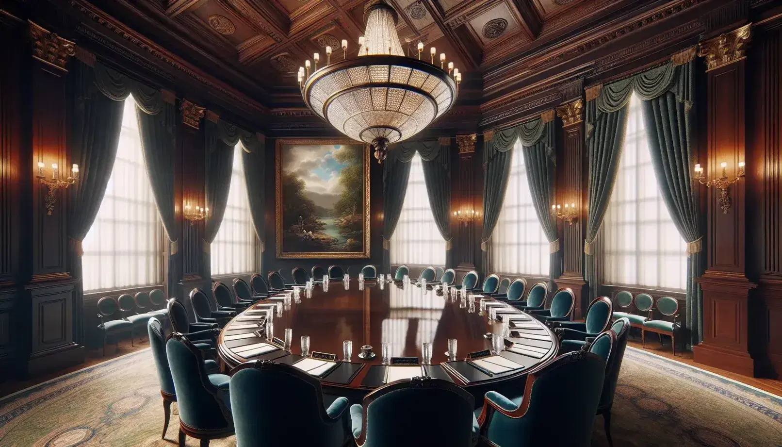Sala conferenze elegante con tavolo ovale in legno, sedie in velluto blu, quadro paesaggistico e lampadario di cristallo.
