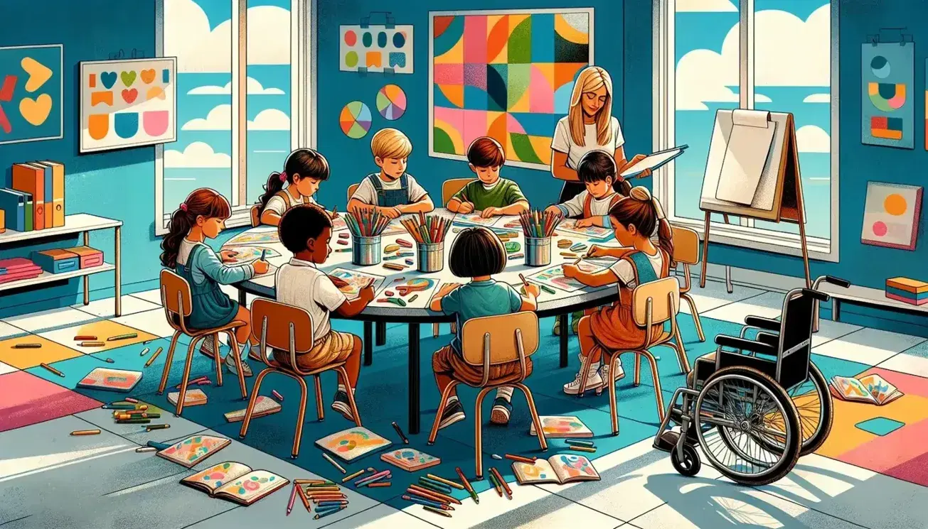 Bambini di diverse etnie seduti attorno a un tavolo rotondo in una classe luminosa e colorata, con insegnante interagente e sedia a rotelle vuota per accessibilità.