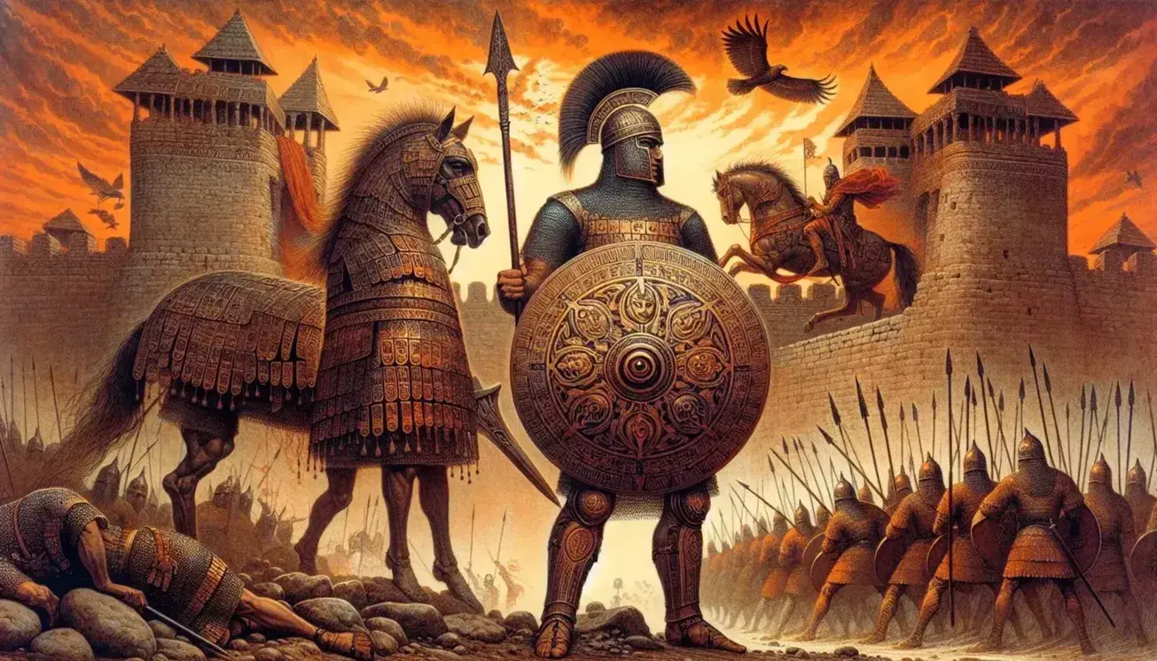Scena di guerra antica con due guerrieri in armatura, scudi decorati e lance, sfondo di città murata al tramonto e figure alate celesti.