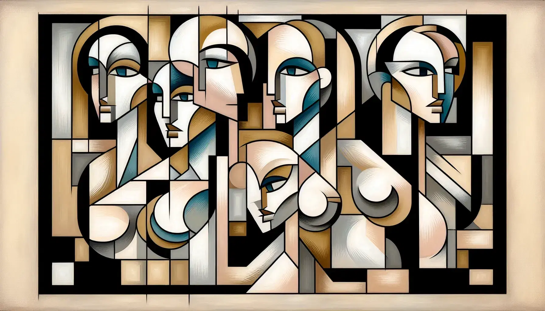 Cinque figure femminili stilizzate in stile cubista con linee geometriche e colori primari beige, marrone, bianco, blu e rosa.